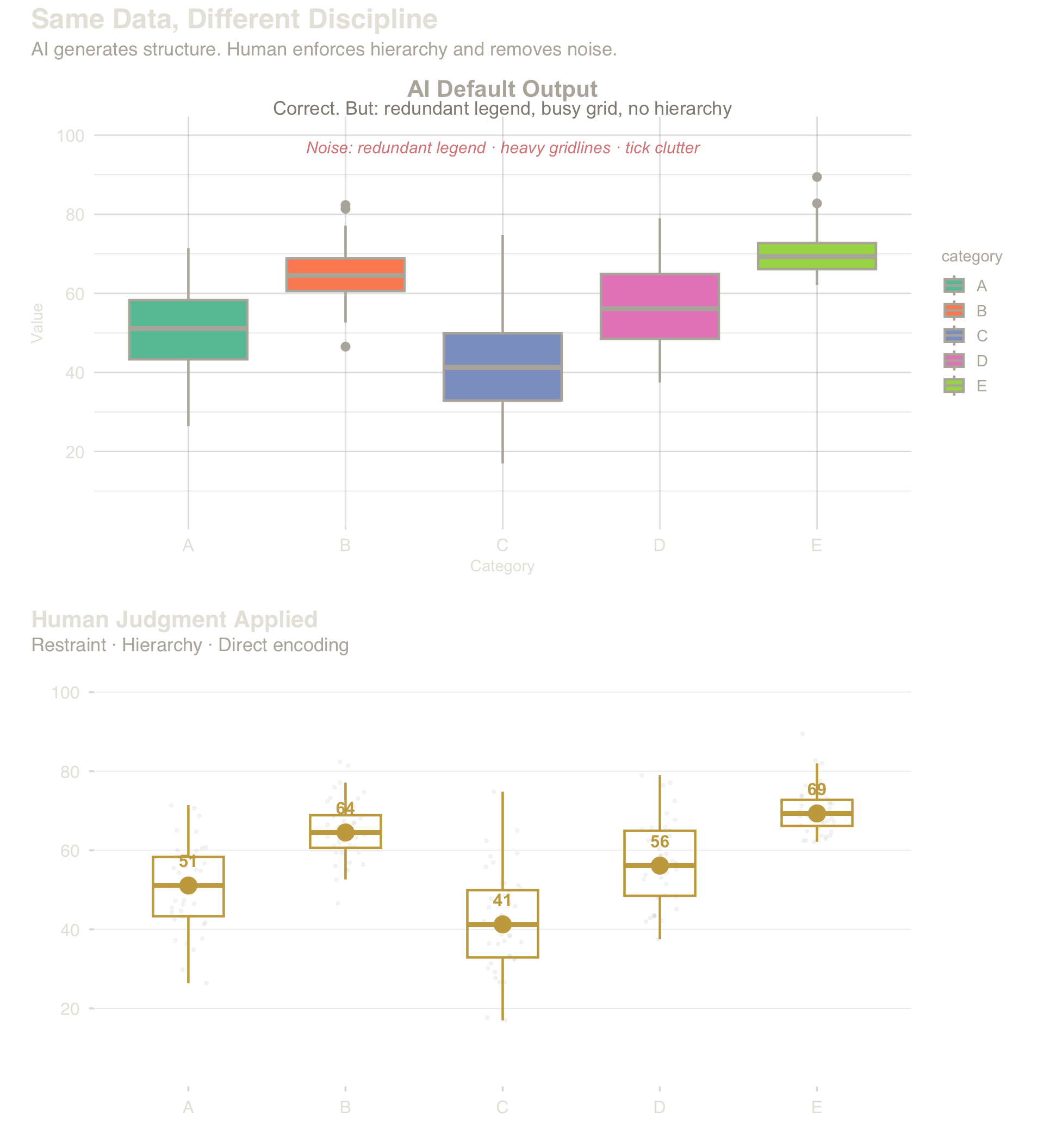 Top: AI default — correct structure, no visual hierarchy. Bottom: human judgment — restraint, direct labeling, deliberate ink.